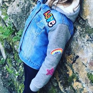 EUC! Vigoss Girl's Hooded Jean Denim Jacket Patches Size 6